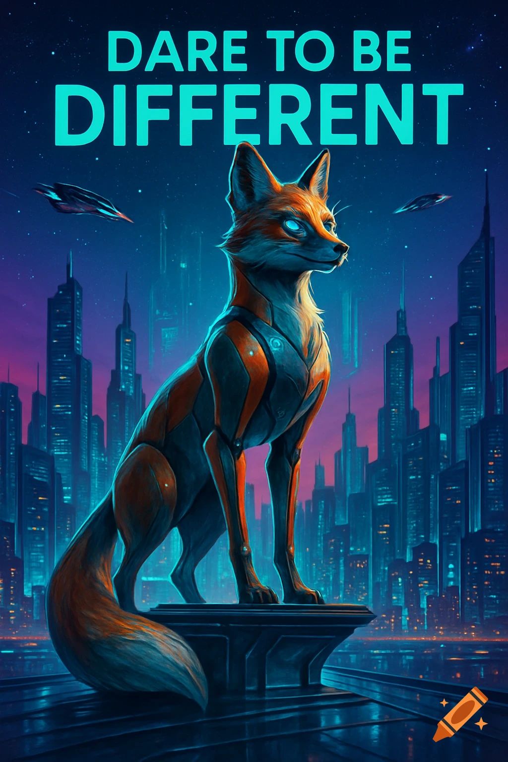 A futuristic, anthropomorphic fox with glowing eyes stands on a pedestal overlooking a neon-lit city at night. Text reads 'DARE TO BE DIFFERENT'.