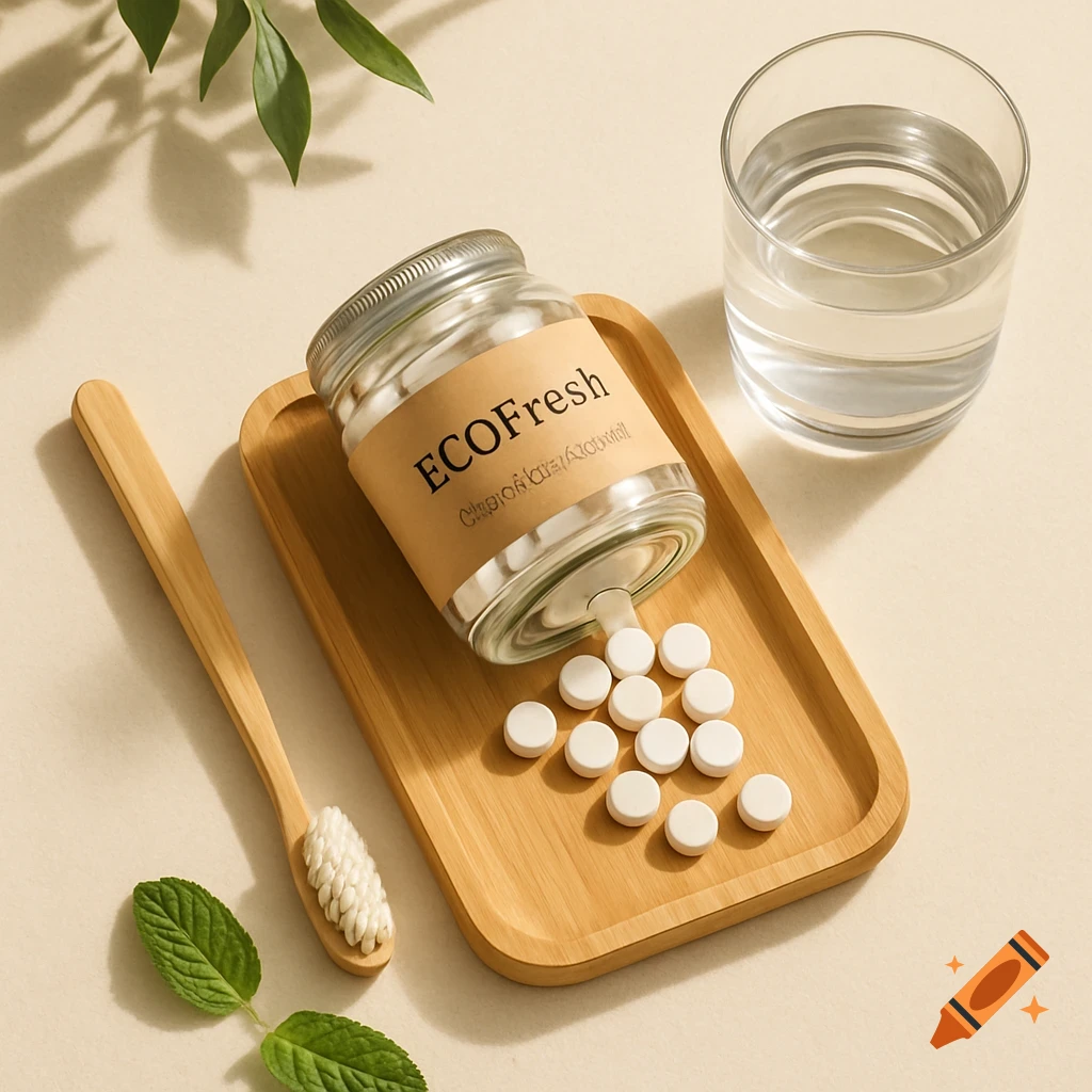 Glass jar of toothpaste tablets spilled on a bamboo tray, with a bamboo toothbrush, mint, and water. Eco-friendly, flat lay still life.