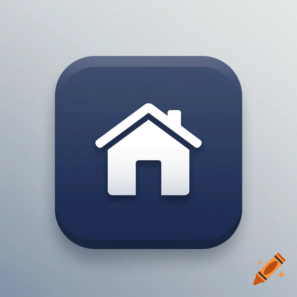 A white home icon on a dark blue rounded square button against a gray background.