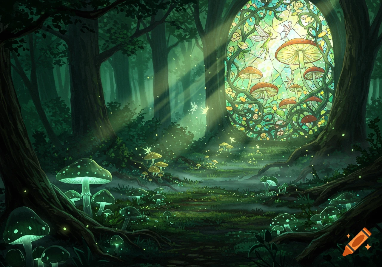 Mystical forest with glowing mushrooms and a large oval stained glass window depicting mushrooms and fairies, illuminated by sunlight.