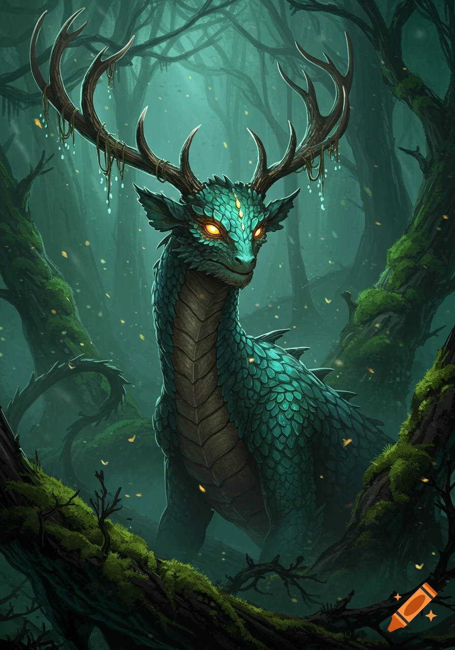 A teal dragon-like creature with deer antlers and glowing eyes stands among mossy trees in a mystical, dark forest.