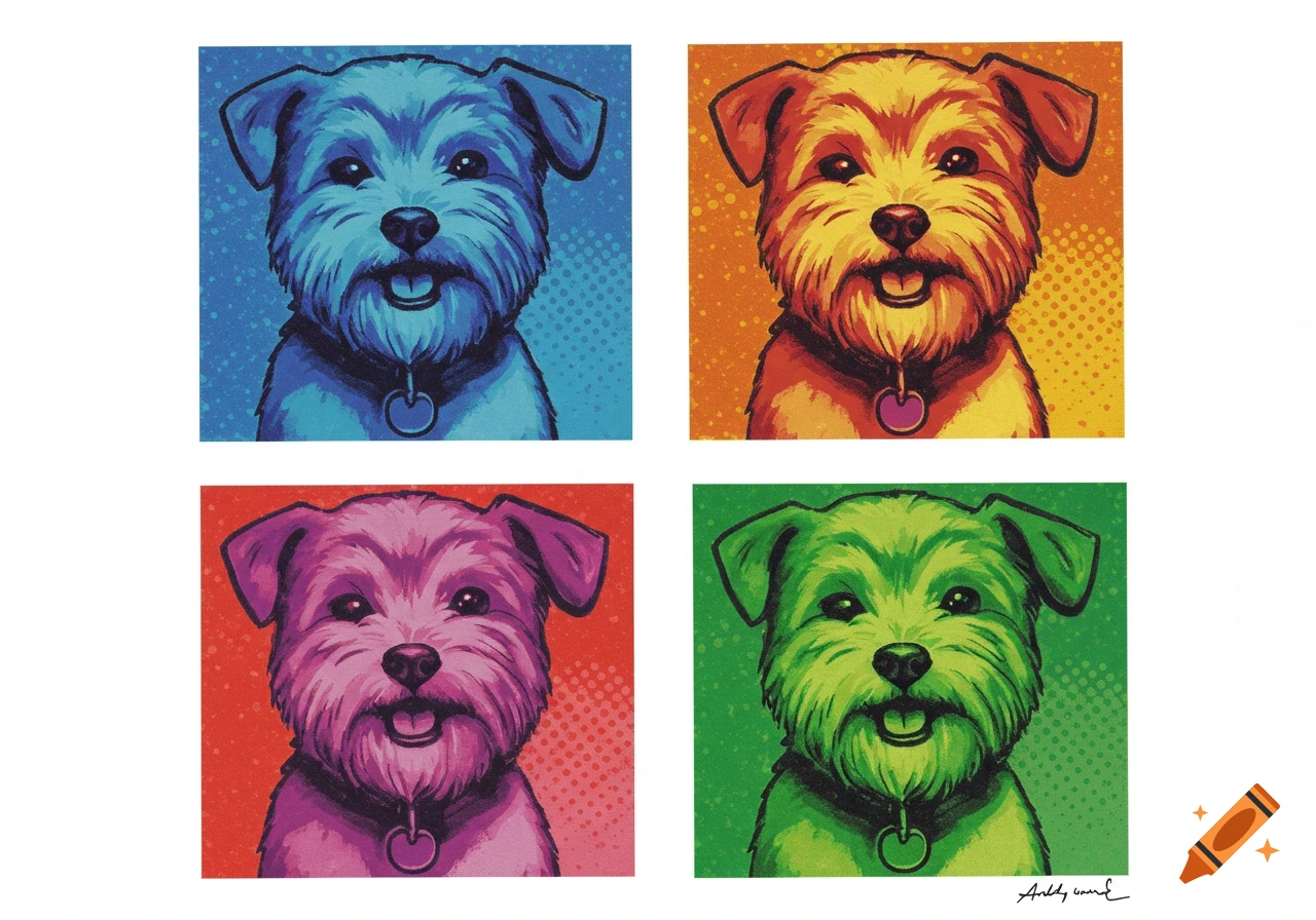 Four pop art style panels, each featuring a different colored dog's head (blue, orange, pink, green) with a halftone background.