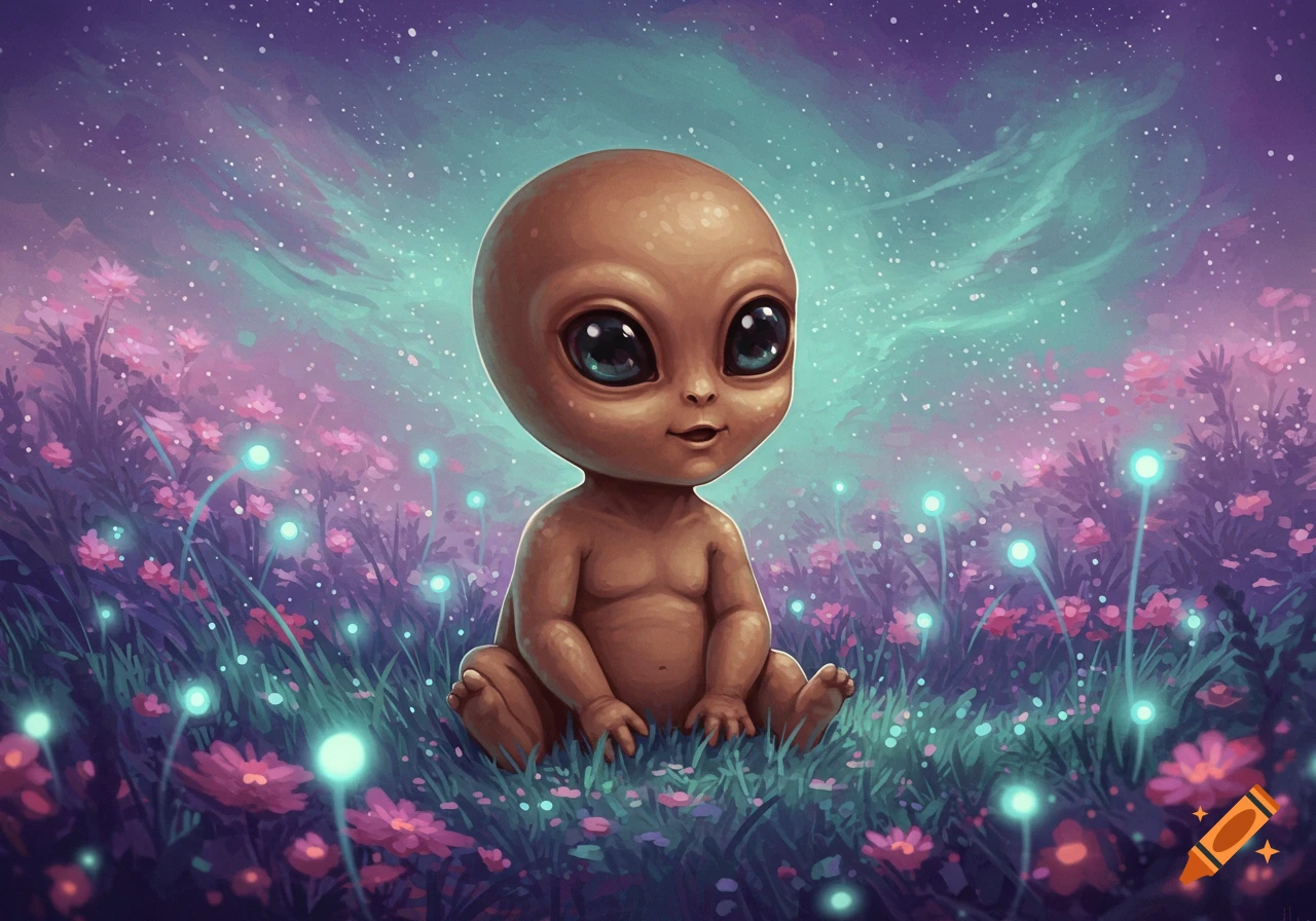 A cute baby alien with large dark eyes sits in a field of glowing pink flowers under a purple and teal starry sky.