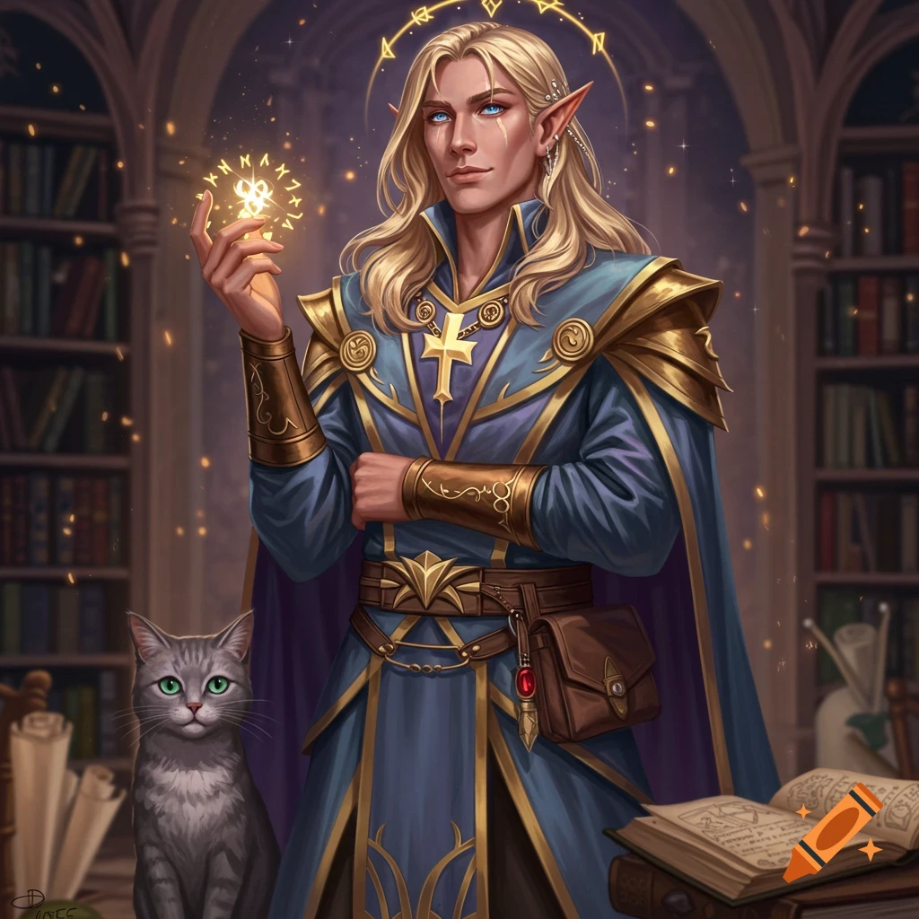 A blonde male sorcerer in blue and gold robes holds glowing runes in a magical library with a grey cat by his side, fantasy art.