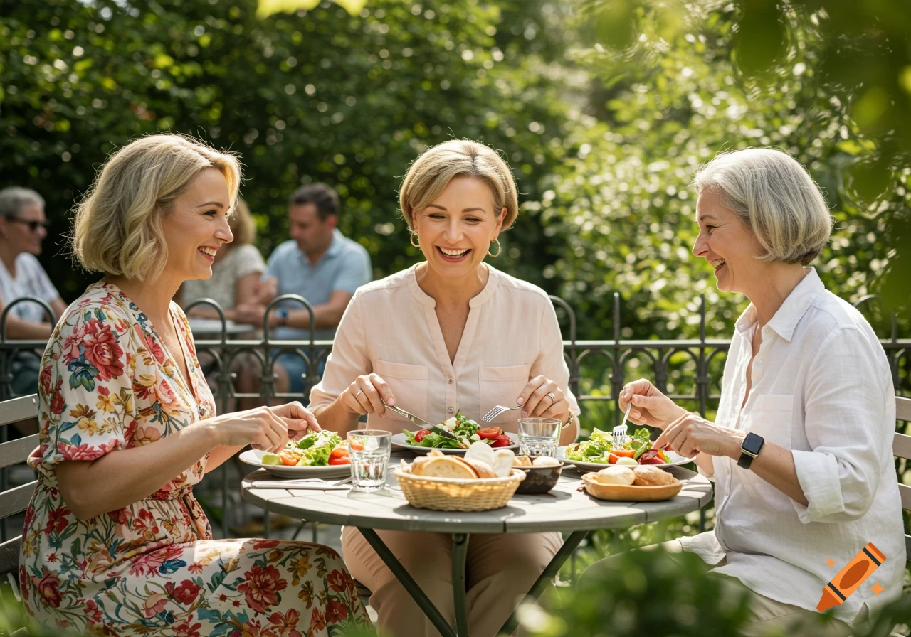 Three smiling middle-aged women eat salads at an outdoor table in a sunny garden.