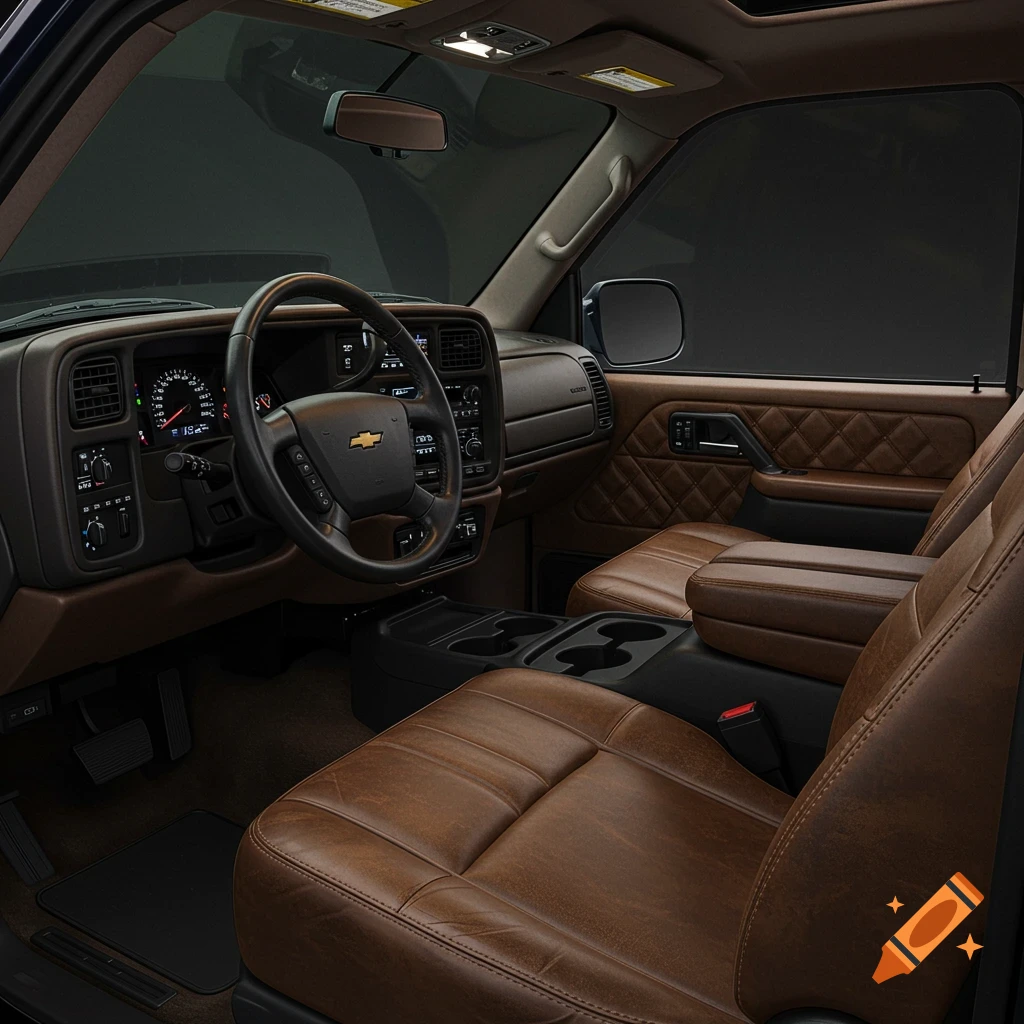 Photorealistic image of a luxurious brown leather car interior with diamond-stitched door panels and a digital dashboard.