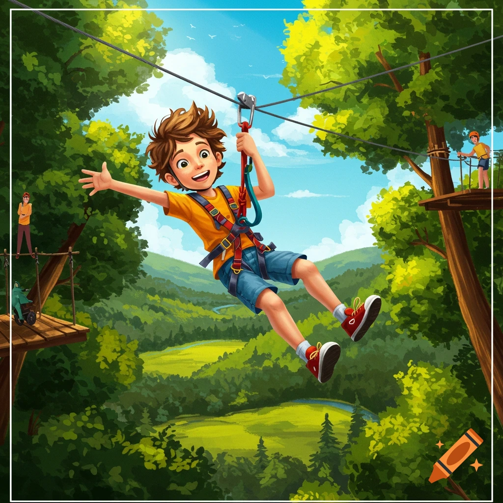 A happy cartoon boy zip-lines through a vibrant green forest under a blue sky, smiling with arms outstretched.