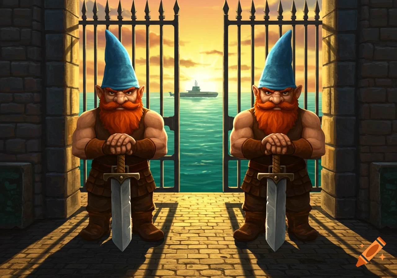 Two strong, bearded gnomes with blue hats guard a gate overlooking a submarine in the ocean at sunset. Stylized digital art.