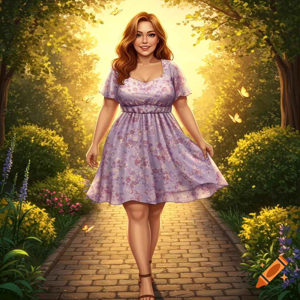 A woman with long red hair wearing a purple floral dress walks on a stone path through a sunny, lush garden.