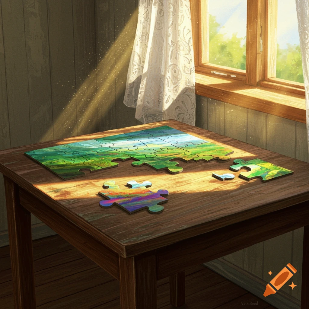 A partially completed puzzle depicting a landscape on a wooden table, bathed in sunlight from a window with white curtains.
