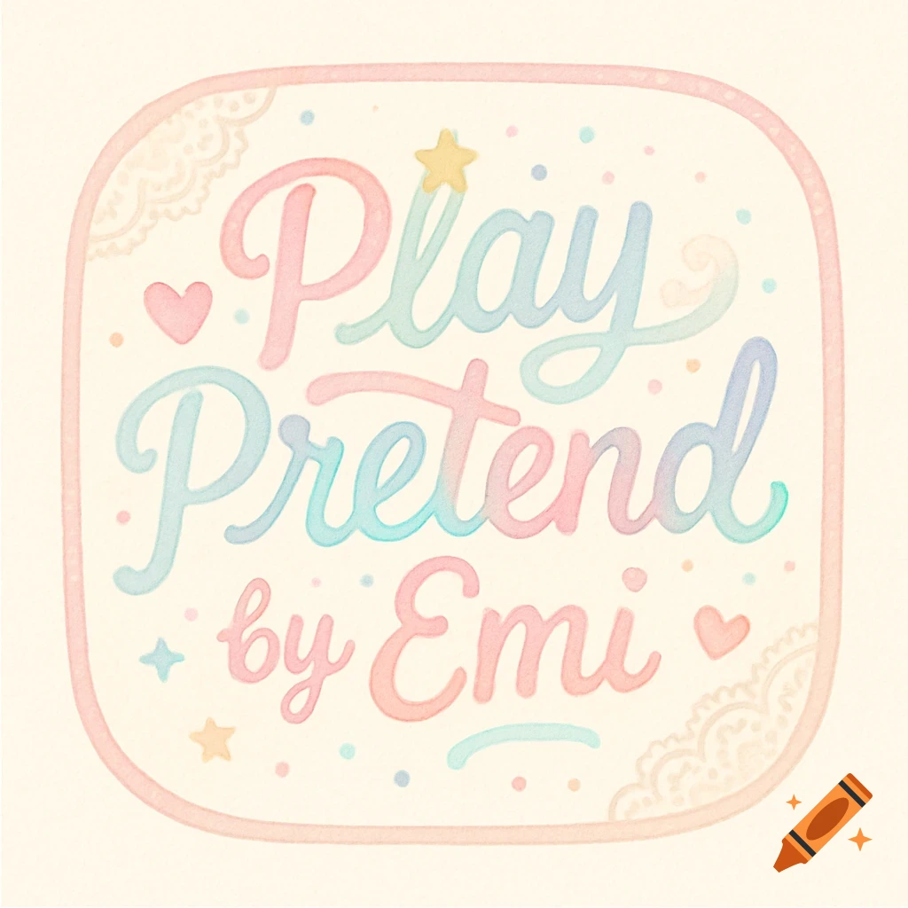 A pastel watercolor logo with the text 'Play Pretend by Emi' surrounded by hearts, stars, and dots.