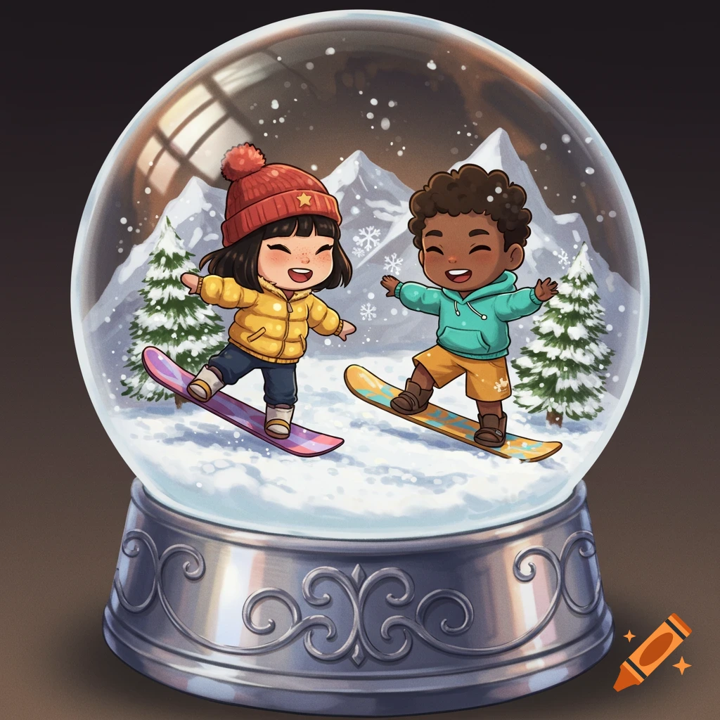 A cute chibi Asian girl and islander boy snowboarding inside a snowglobe with snow and mountains.