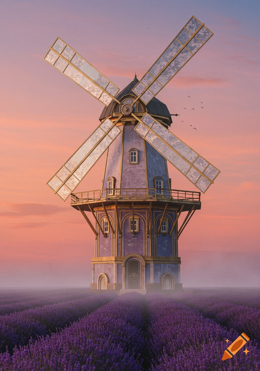 An ornate art deco windmill with golden accents stands in a vibrant purple lavender field under an orange and pink sky.