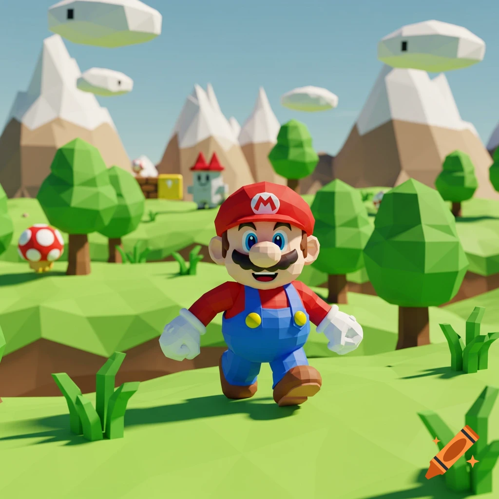 Low poly 3D render of Mario running through a green landscape with blocky mountains and trees.