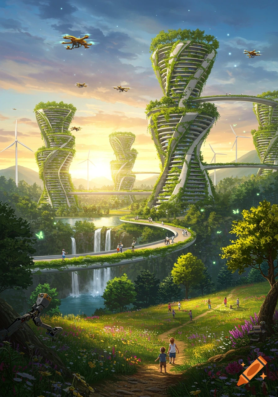A vibrant futuristic landscape with spiral green buildings, winding paths, waterfalls, drones, people, and wind turbines at sunset.