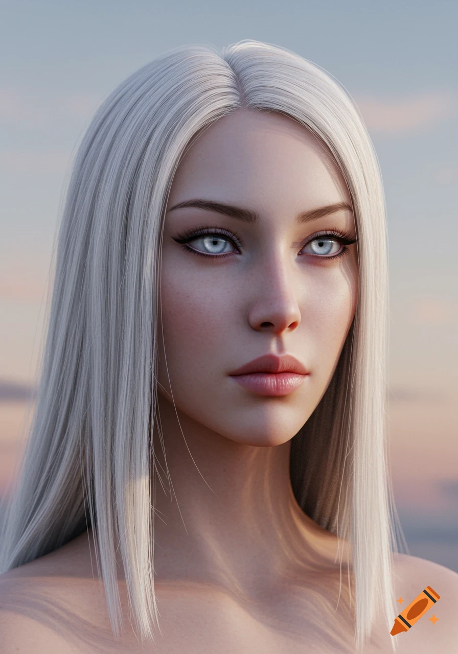 Close-up portrait of a beautiful woman with long white hair, fair skin, and striking light blue eyes, looking to the side with a calm expression against a soft, blurred sky.
