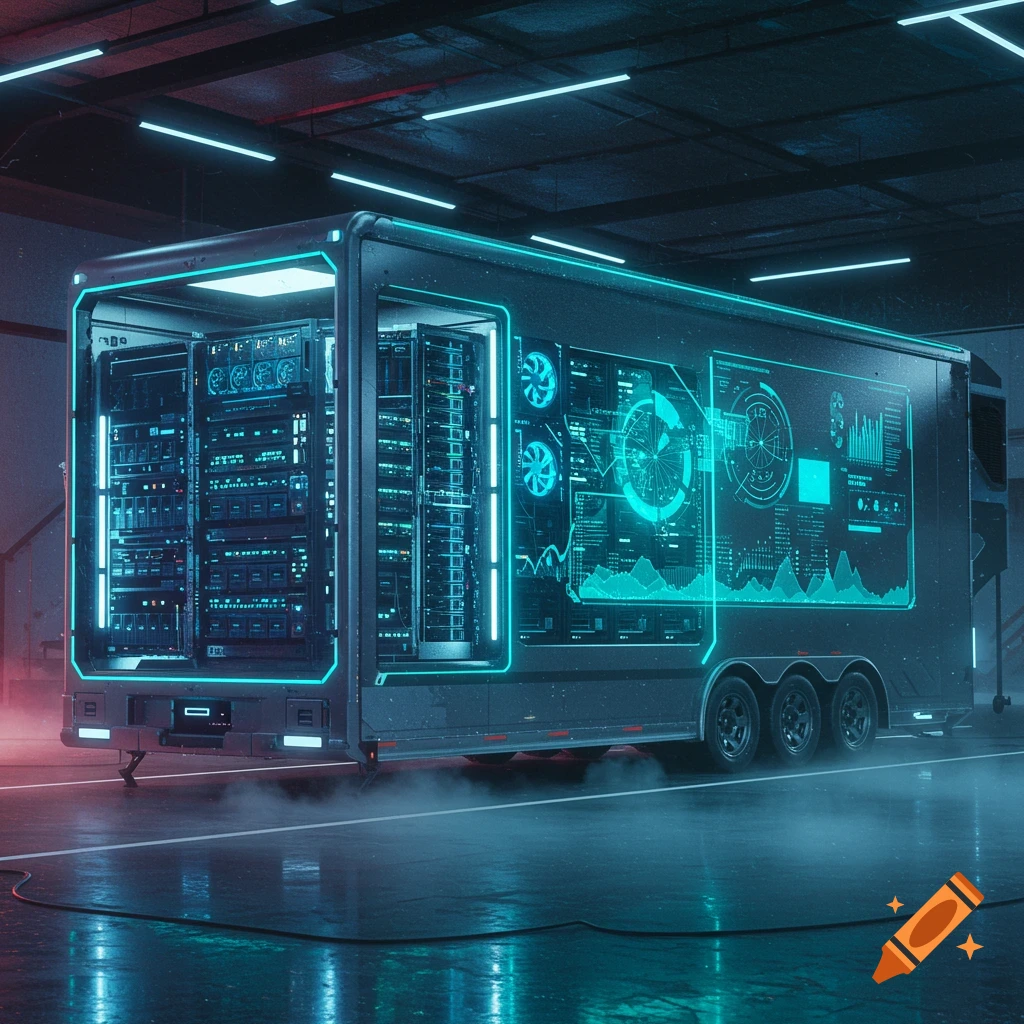 A futuristic mobile data center trailer with glowing blue-green server racks and digital displays in a dark, hazy warehouse.