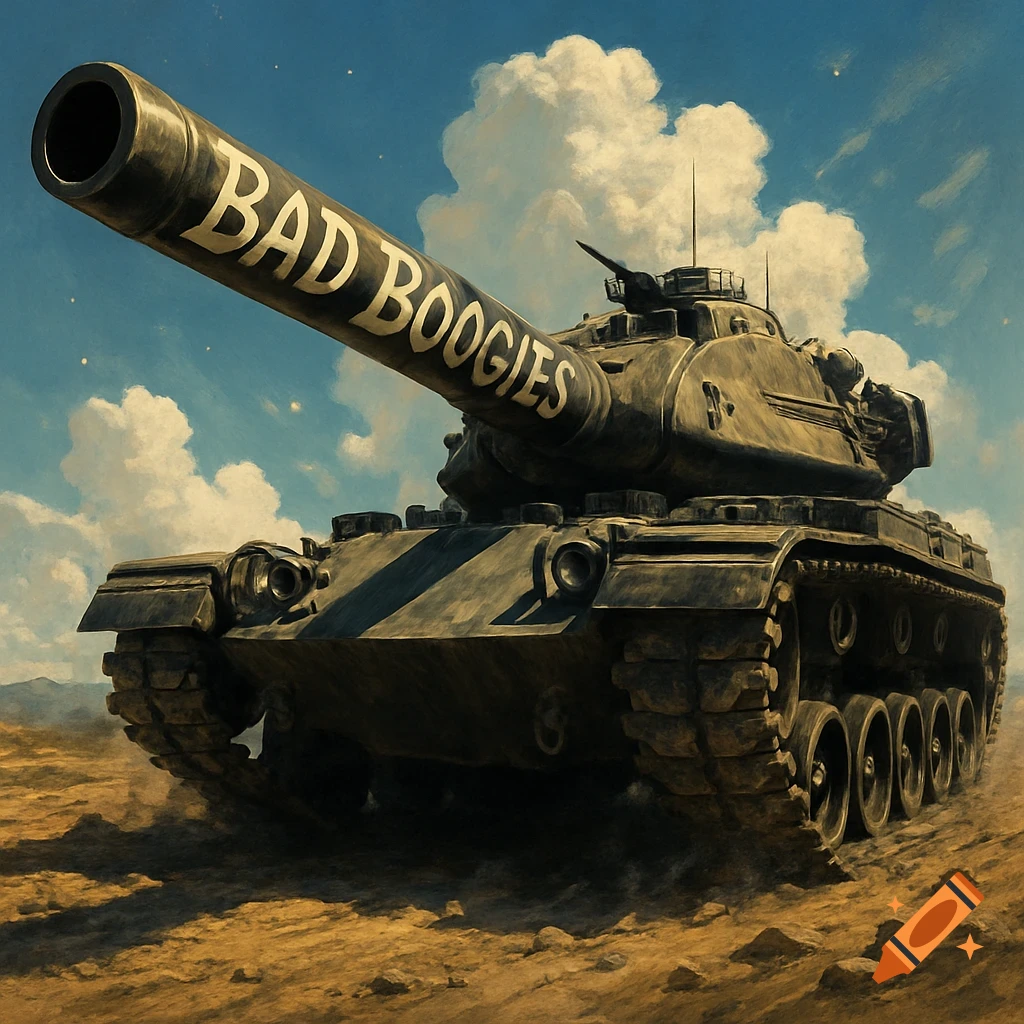A detailed M60A3 military tank with 'BAD BOOGIES' written on its gun, sitting in a desert landscape under a cloudy blue sky.