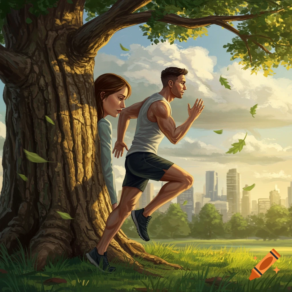 A man runs in a sunny park with a city skyline, as a woman watches from behind a tree, in an illustrated style.