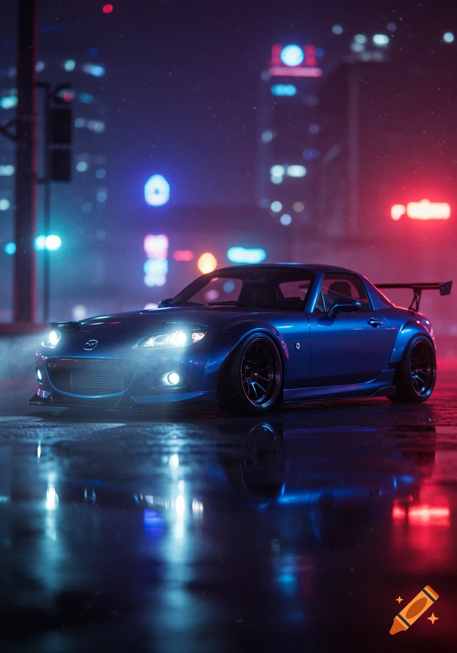 A sleek blue Mazda MX-5 with a wide body kit is parked on a wet street at night, illuminated by neon city lights.