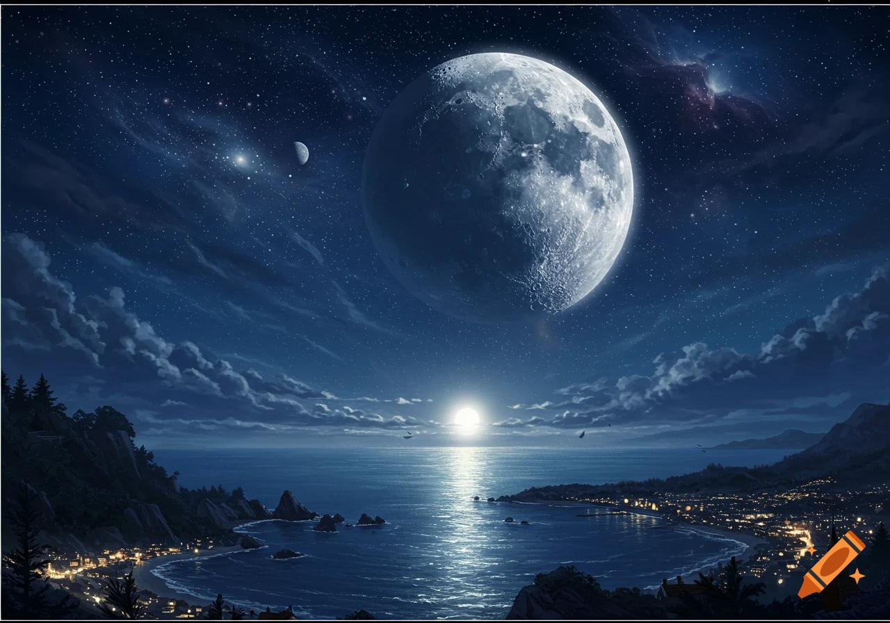 A massive moon illuminates a starry night sky over an ocean bay, reflecting light onto a coastal town nestled by mountains.
