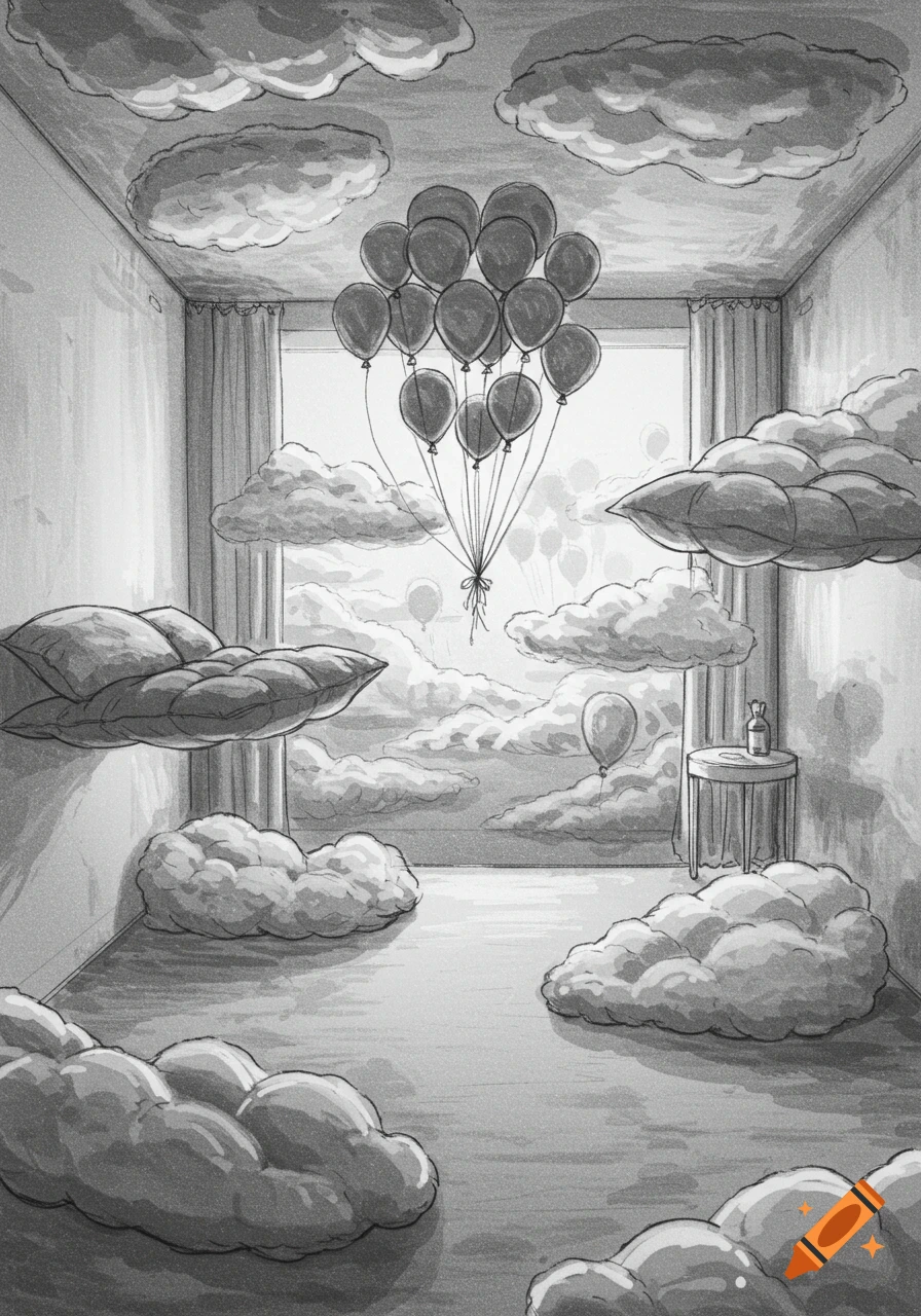 A monochrome sketch of a room filled with floating clouds and balloons, with more clouds and balloons visible outside a large window.