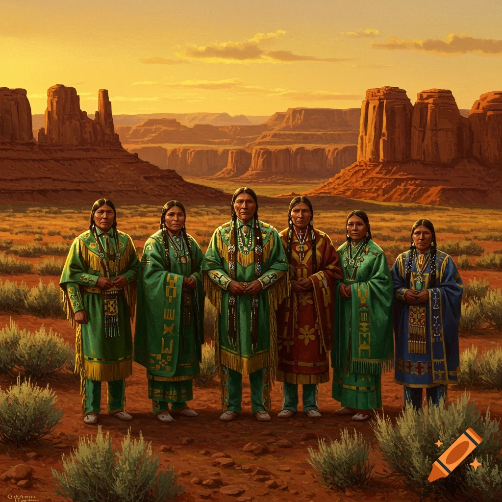 Six people in traditional Native American attire stand in a desert landscape with large rock formations at sunset.