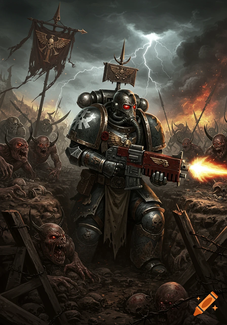 A heavily armored space marine fires a weapon while defending a trench against a horde of demonic creatures under a stormy, lightning-filled sky.