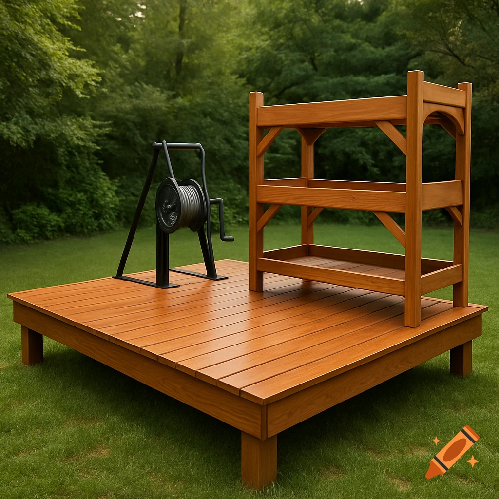 A wooden deck with a two-tier boat rack and a cable winch in a grassy outdoor setting.
