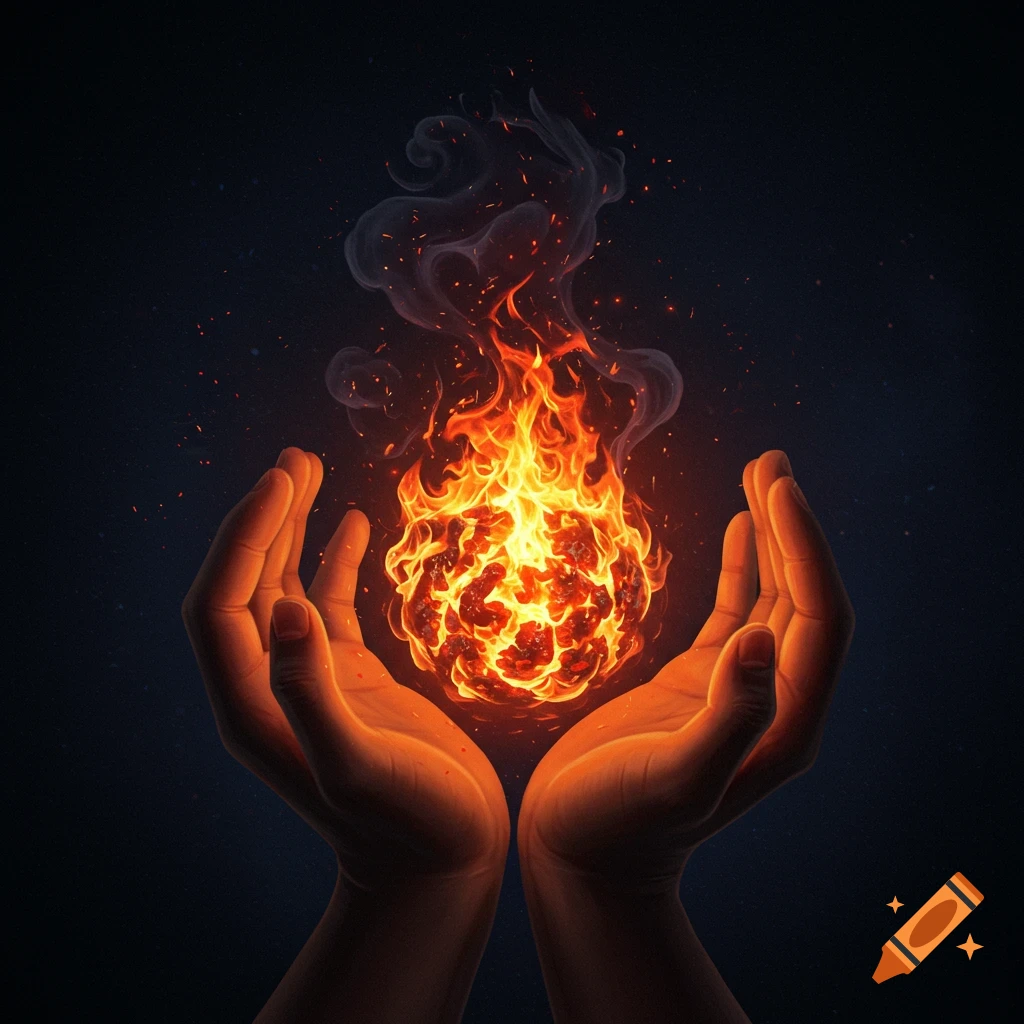 Hands cupping a glowing ball of fire and smoke against a dark background with sparks.