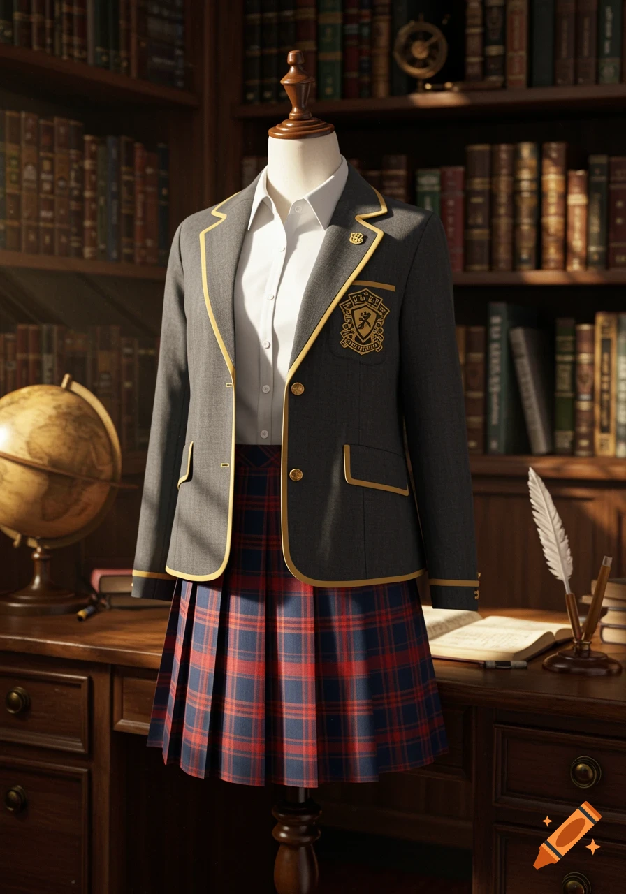 A photorealistic school uniform on a mannequin in a library, featuring a gray blazer with gold trim and a plaid skirt.