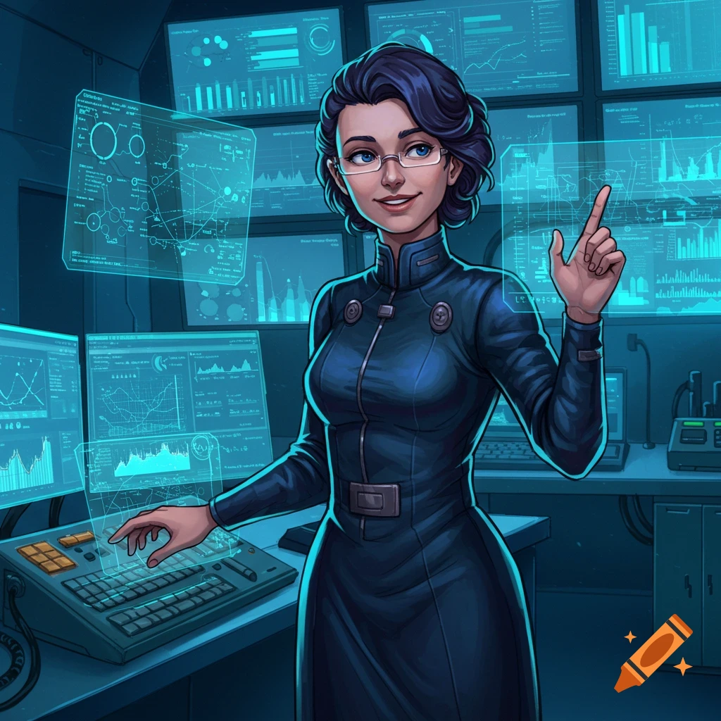 An animated woman in a dark blue uniform stands in a futuristic control room, surrounded by glowing holographic displays and computer screens showing charts and data.