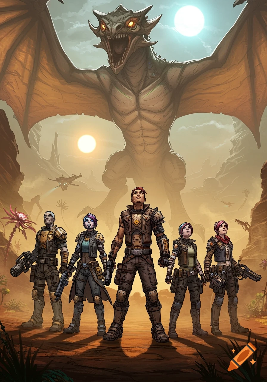 Five Borderlands-style vault hunters stand in a desert, looking up at a massive winged monster under two suns.