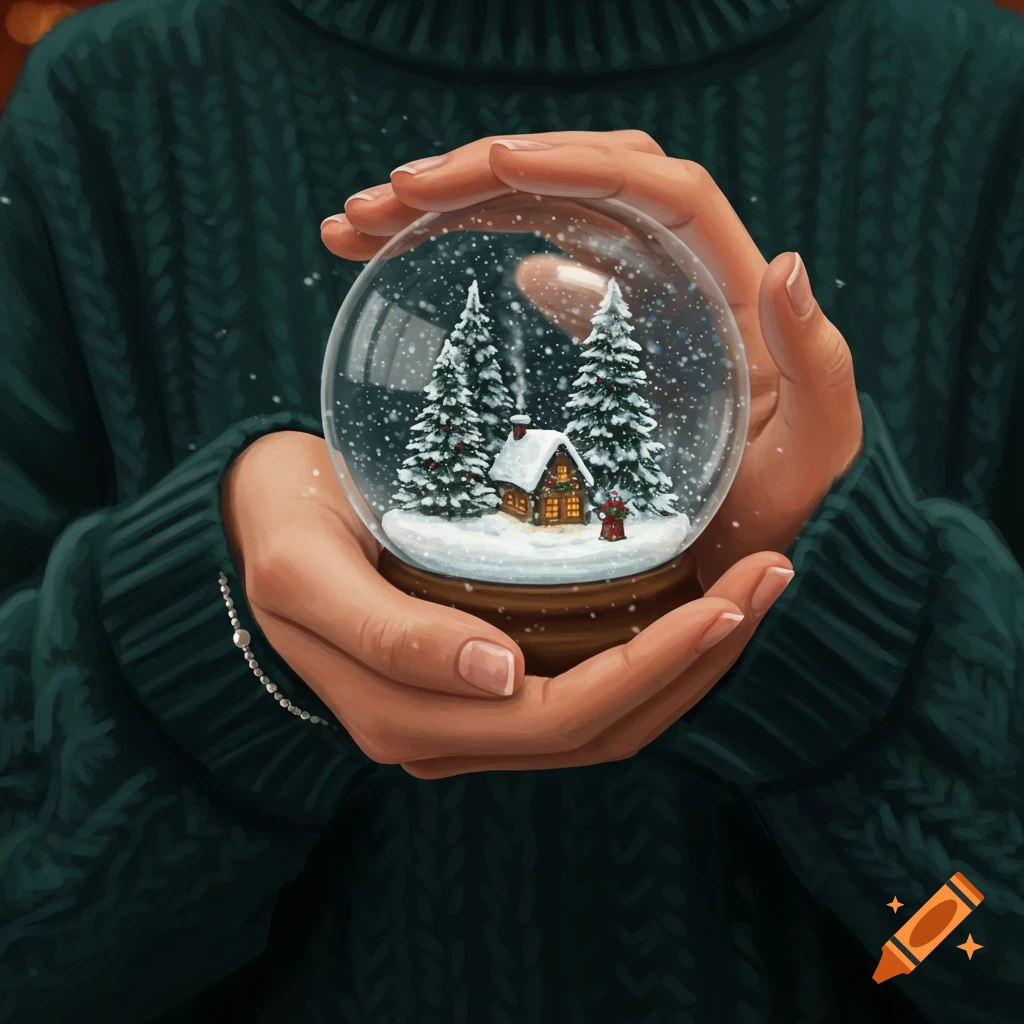 Digital painting of hands in a green sweater holding a snowglobe with a snowy cabin and trees inside.