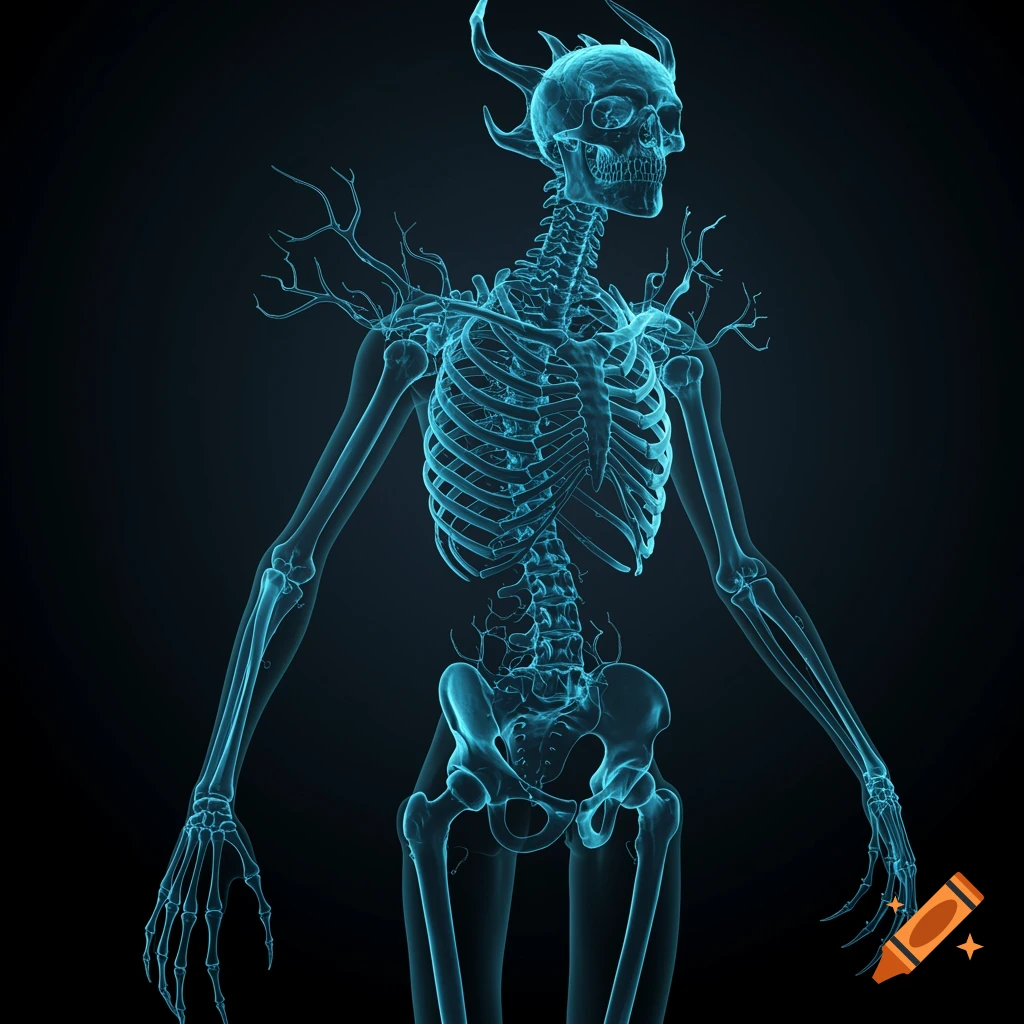 An X-ray of a fantastical skeleton with horns and tree-like branches on its shoulders, against a dark background.