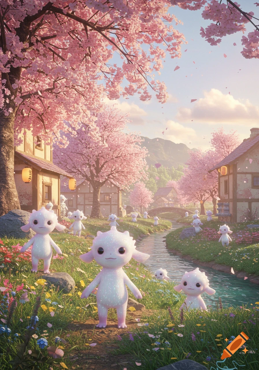 Cute white sparkly creatures in a lush spring landscape with pink cherry blossom trees, colorful flowers, a stream, and village houses.