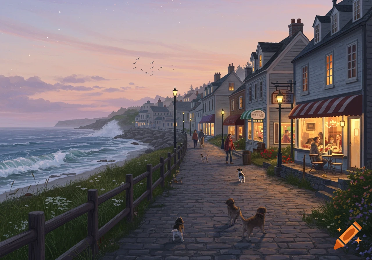 A charming seaside town at dusk, with glowing shop windows, people walking dogs on a cobblestone path, and waves crashing on the shore.