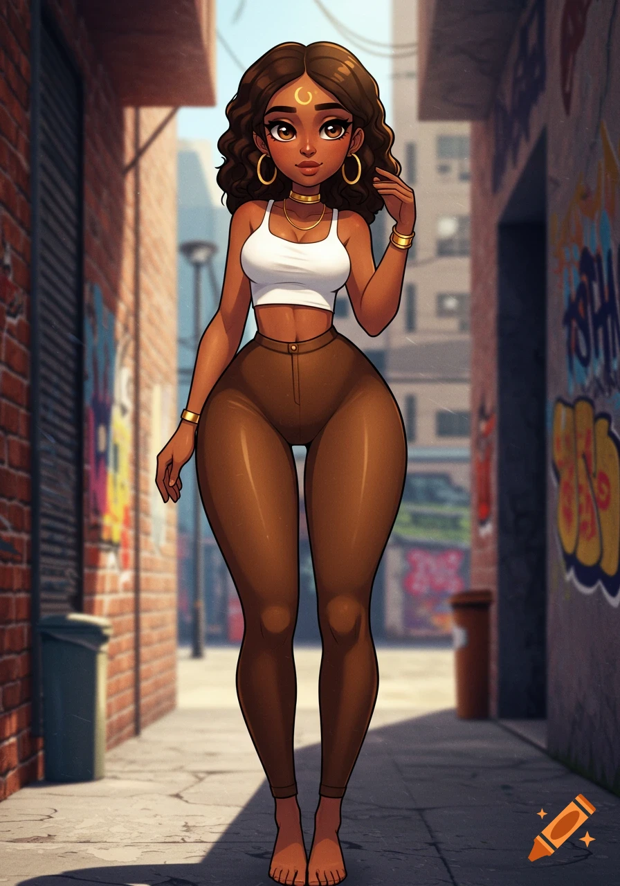 A cartoon Nubian girl with dark curly hair and a crescent moon mark on her forehead, wearing a white crop top and brown tight pants, stands barefoot in an alley with graffiti-covered walls.