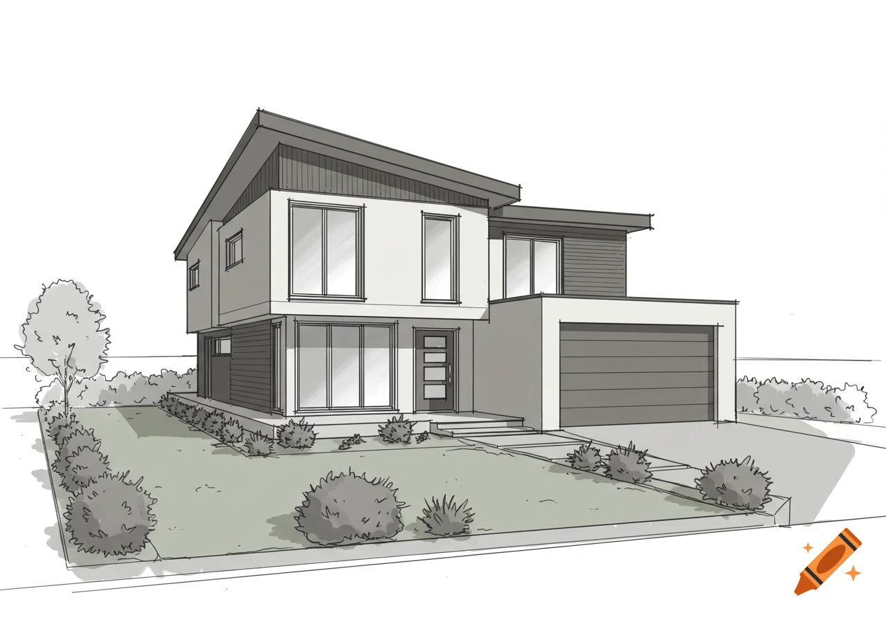 An outline drawing of a modern L-shaped house with an attached garage and landscaped yard.