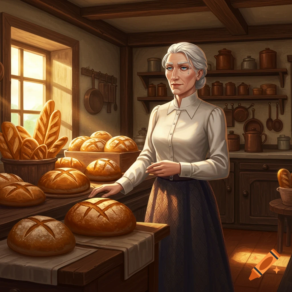 An old woman with white hair stands in a rustic bakery filled with fresh loaves of bread, illuminated by sunlight.