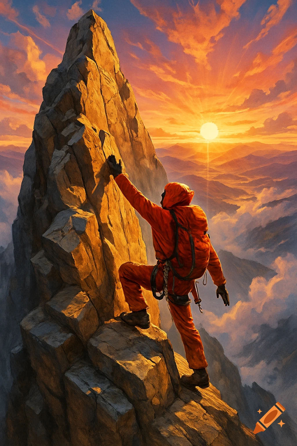 A lone climber in an orange suit ascends a rugged mountain peak at sunset, with a vibrant sky and cloudy valleys below.