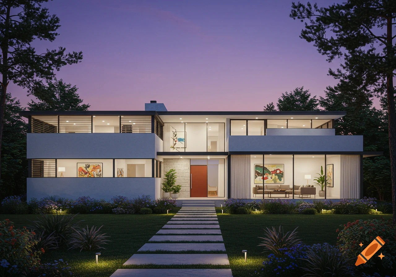 A photorealistic rendering of a modern house at dusk with large windows, a red door, and illuminated landscaping.