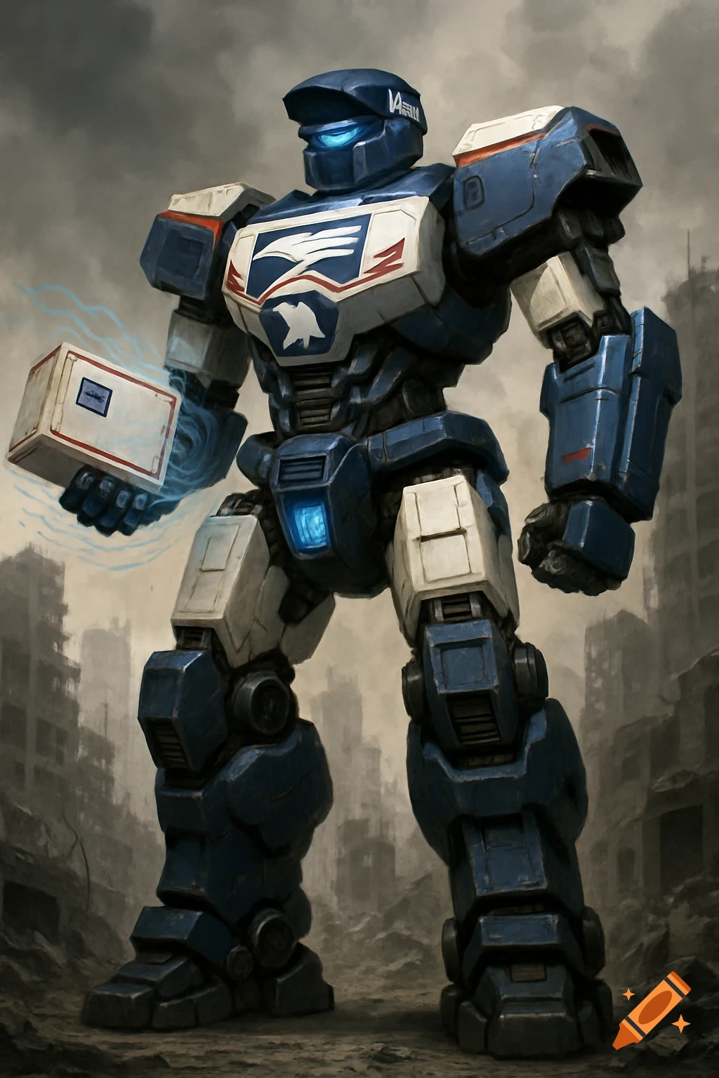 A massive blue and white robot, styled like a USPS delivery mech, stands in a ruined city holding a glowing package.