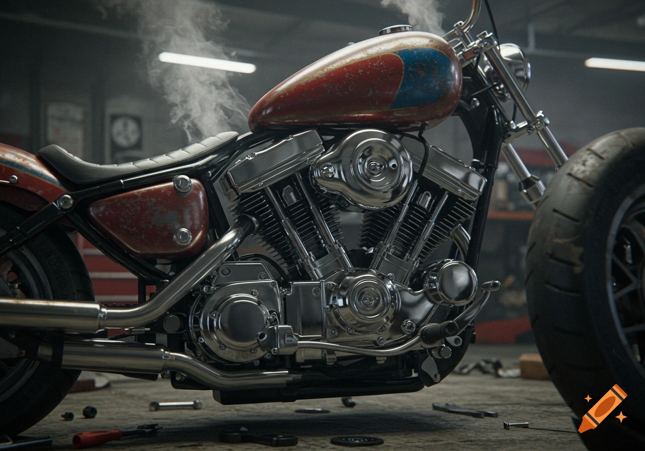Photorealistic image of a custom V-twin motorcycle engine and rusty red gas tank in a smoky garage setting.