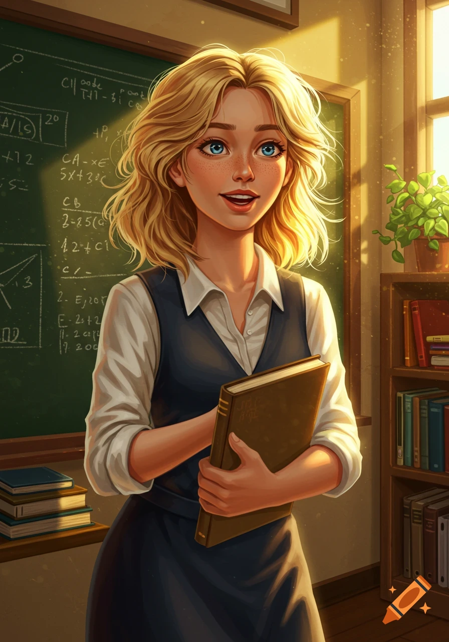 A smiling blonde woman with blue eyes, dressed as a teacher, holds a book in a sunlit classroom with a blackboard.