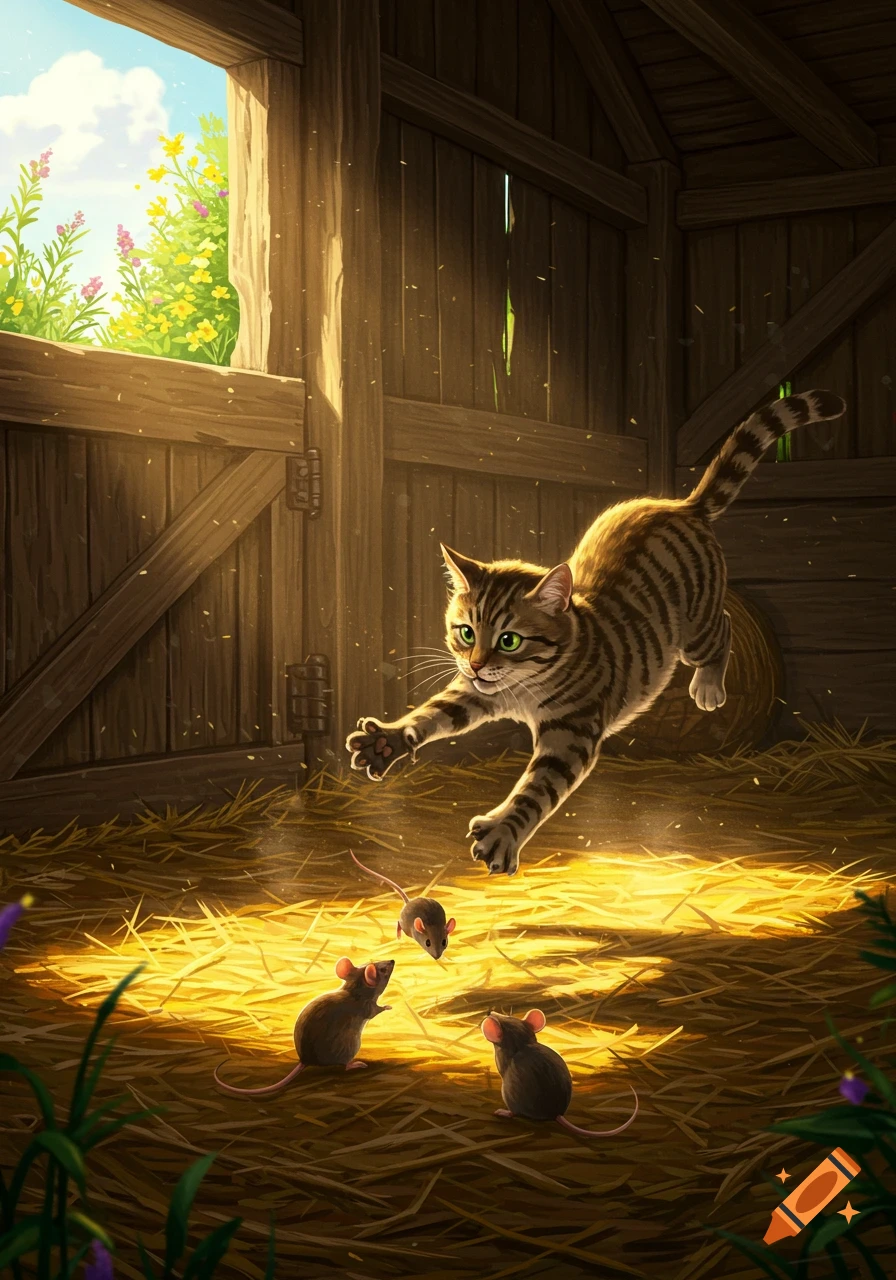 A brown tabby cat leaps towards three mice on a hay-covered barn floor, illuminated by golden sunlight from an open window.