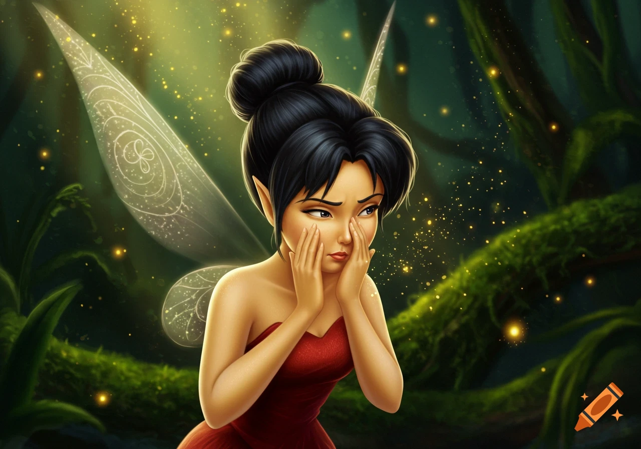 A cartoon fairy with black hair and a red dress looks distressed, covering her face with her hands, in a glowing magical forest.