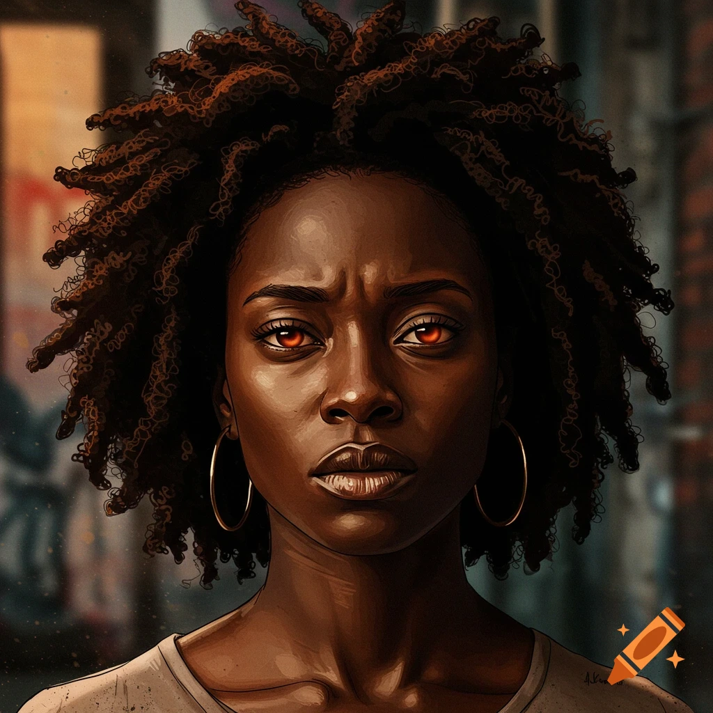 Close-up stylized illustration of a dark-skinned woman with dreadlocks and glowing red eyes, looking intensely at the viewer.