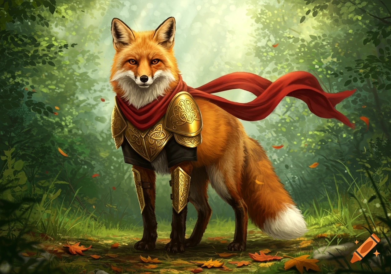 A majestic fox in golden armor and a flowing red scarf stands in a lush forest with scattered autumn leaves, digital art.