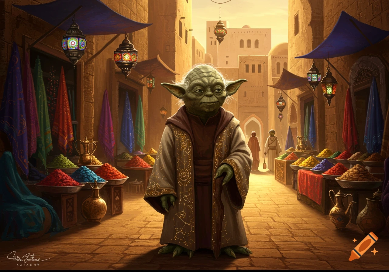Yoda, dressed in robes, stands in a bustling, sunlit Middle Eastern marketplace with colorful spices and lanterns.